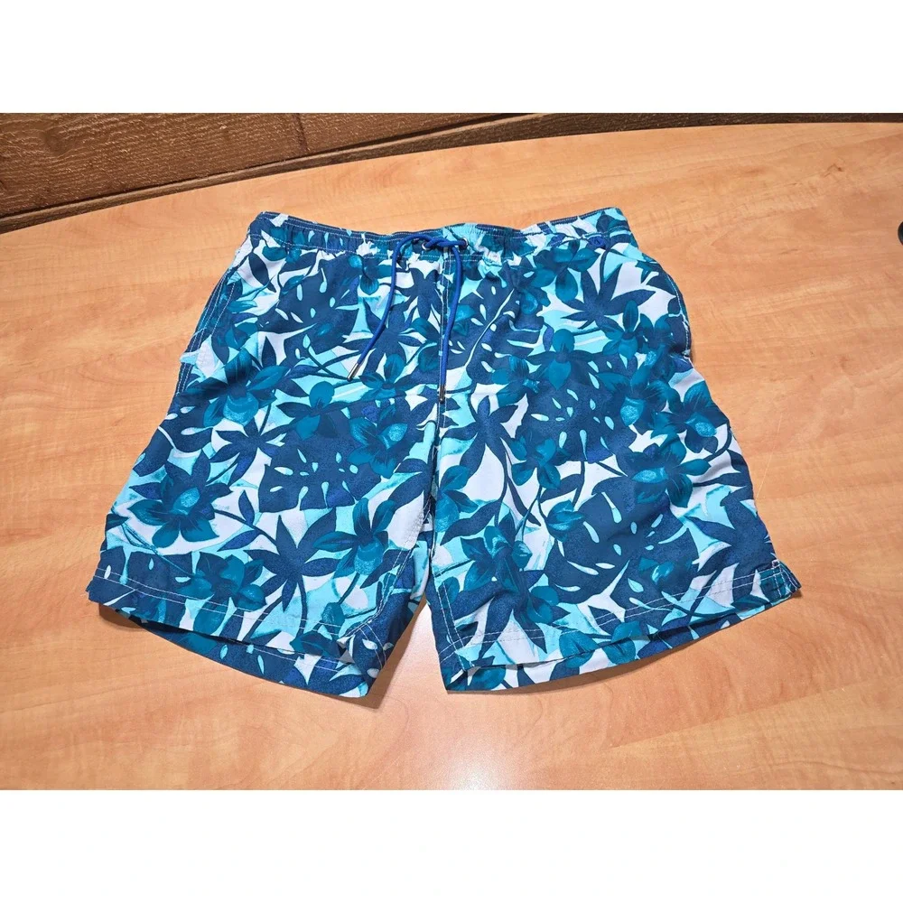 Lands End Mens Tropical Floral Swim Trunks Blue Teal Monstera Board Shorts Med